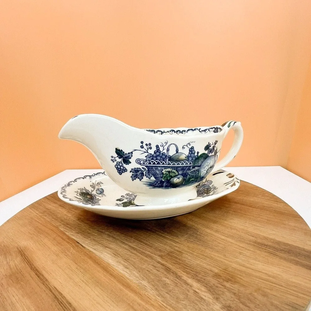 Mason's Ironstone Gravy Boat with‎ Saucer: Blue Fruit Basket Chinoiserie
